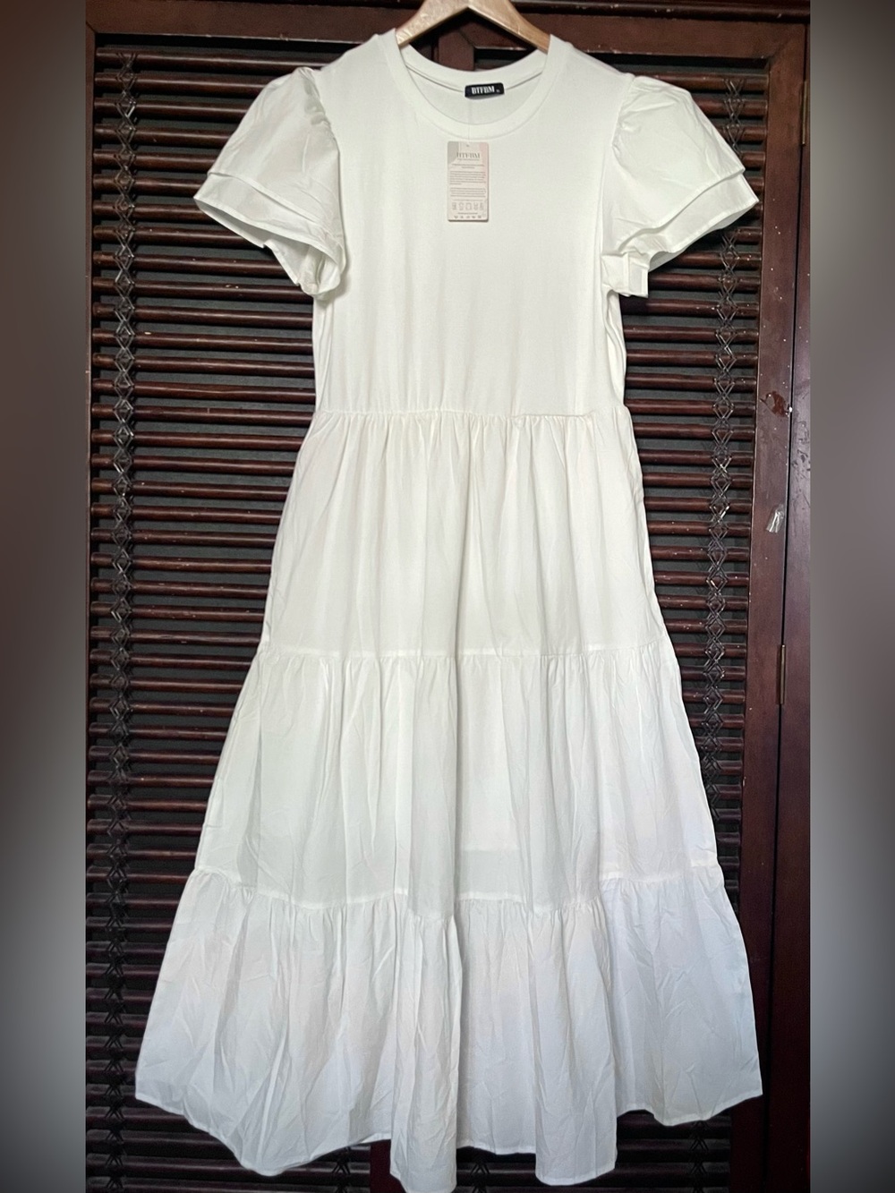 BTFBM White Crewneck Midi Maxi Dress Double Poplin Flutter Sleeves Tiered XL NWT - Picture 3 of 8